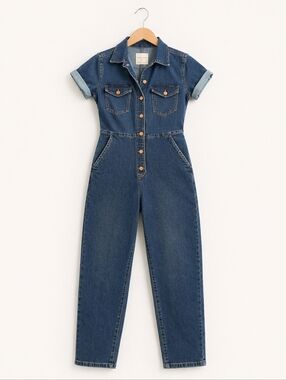 Denim Short-Sleeve Jumpsuit - Classic Blue